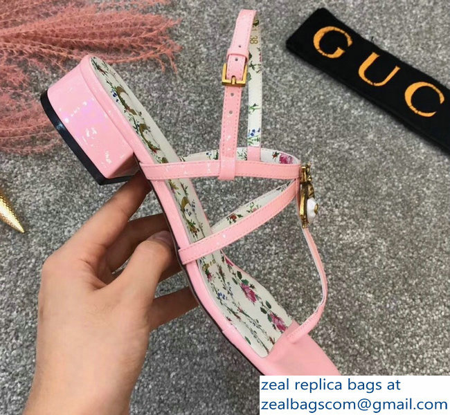 Gucci Metal Bee With Pearl Patent Leather Thong Sandals 524624 Pink