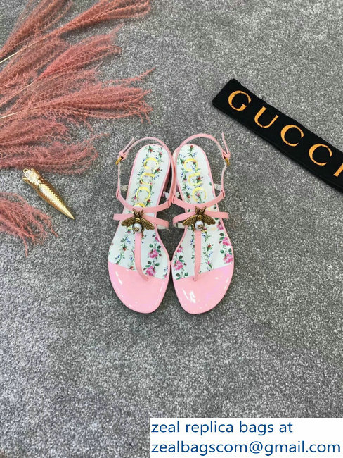 Gucci Metal Bee With Pearl Patent Leather Thong Sandals 524624 Pink