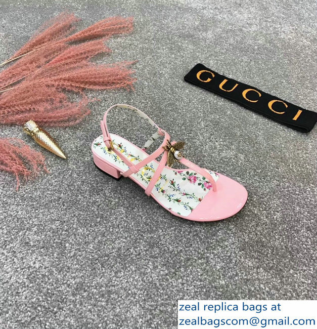 Gucci Metal Bee With Pearl Patent Leather Thong Sandals 524624 Pink