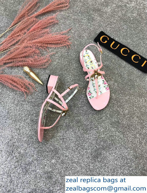 Gucci Metal Bee With Pearl Patent Leather Thong Sandals 524624 Pink