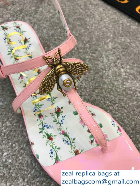 Gucci Metal Bee With Pearl Patent Leather Thong Sandals 524624 Pink