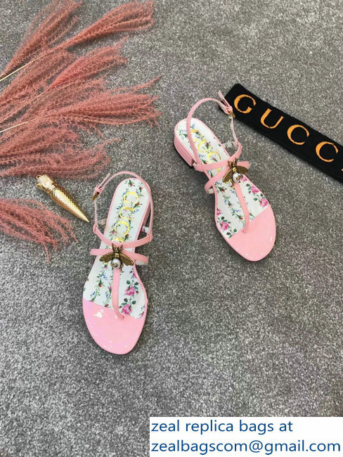 Gucci Metal Bee With Pearl Patent Leather Thong Sandals 524624 Pink