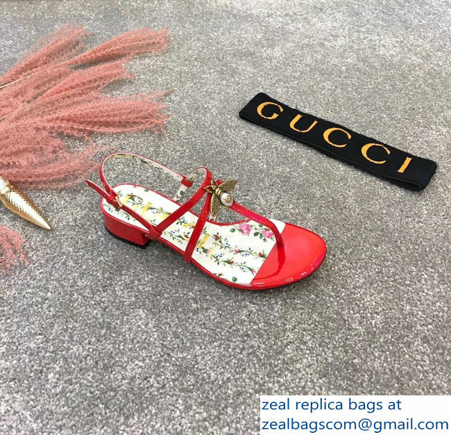 Gucci Metal Bee With Pearl Patent Leather Thong Sandals 524624 Red