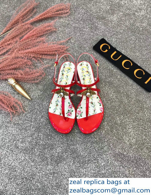Gucci Metal Bee With Pearl Patent Leather Thong Sandals 524624 Red