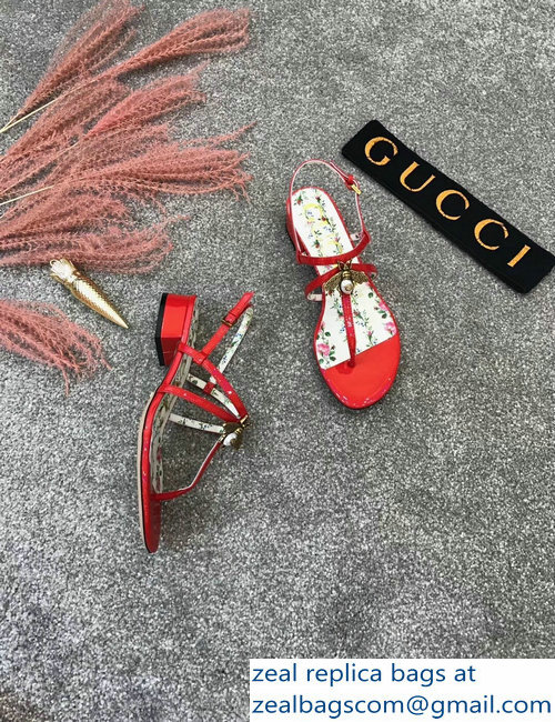 Gucci Metal Bee With Pearl Patent Leather Thong Sandals 524624 Red