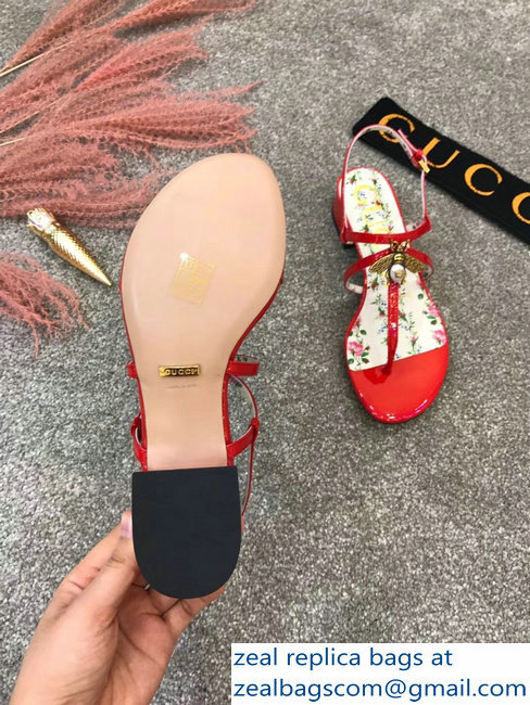 Gucci Metal Bee With Pearl Patent Leather Thong Sandals 524624 Red - Click Image to Close