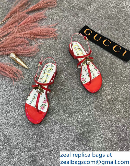 Gucci Metal Bee With Pearl Patent Leather Thong Sandals 524624 Red