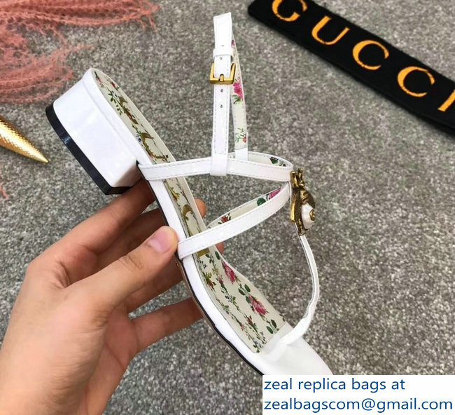 Gucci Metal Bee With Pearl Patent Leather Thong Sandals 524624 White