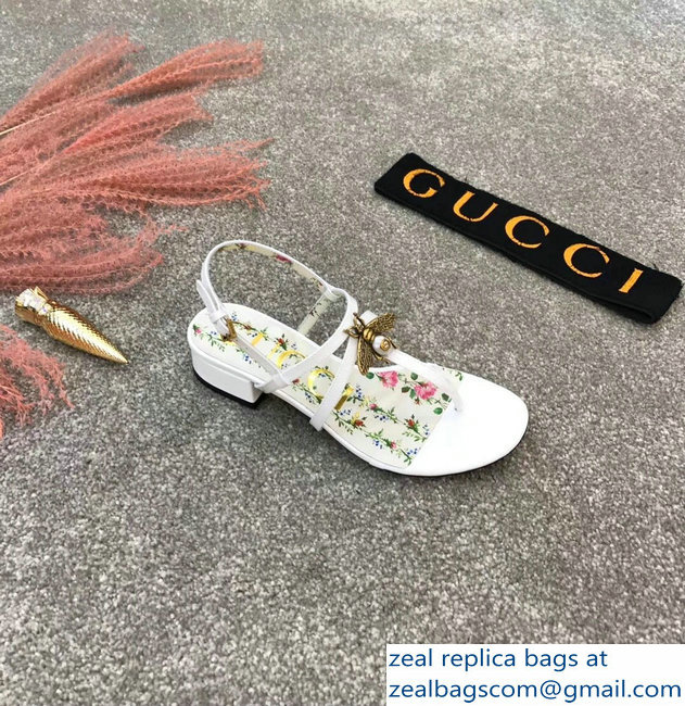 Gucci Metal Bee With Pearl Patent Leather Thong Sandals 524624 White
