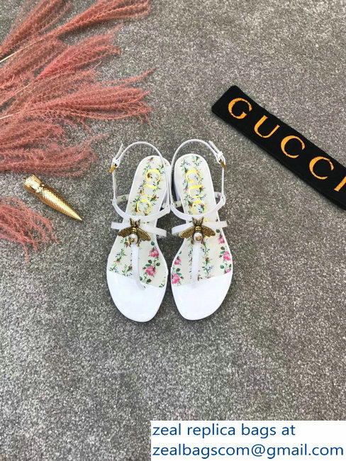 Gucci Metal Bee With Pearl Patent Leather Thong Sandals 524624 White