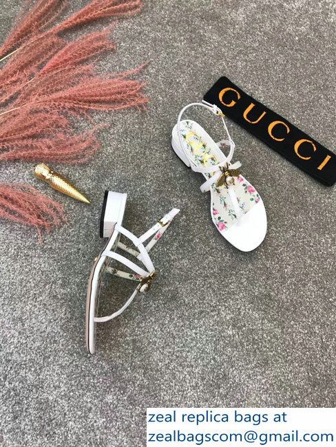 Gucci Metal Bee With Pearl Patent Leather Thong Sandals 524624 White