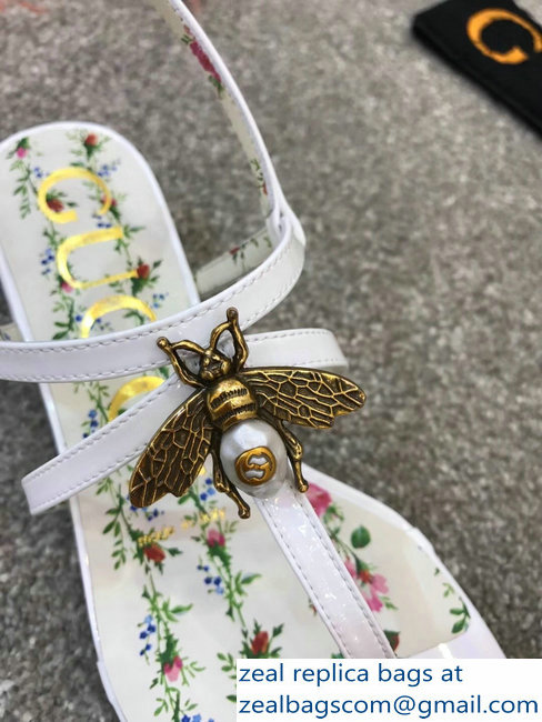 Gucci Metal Bee With Pearl Patent Leather Thong Sandals 524624 White