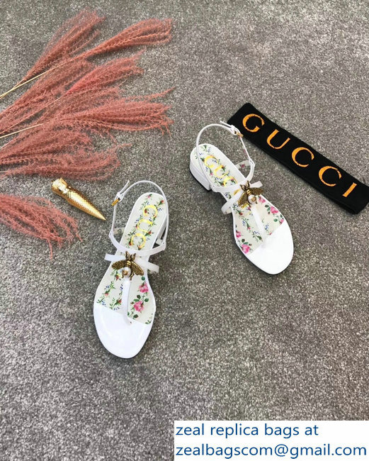 Gucci Metal Bee With Pearl Patent Leather Thong Sandals 524624 White