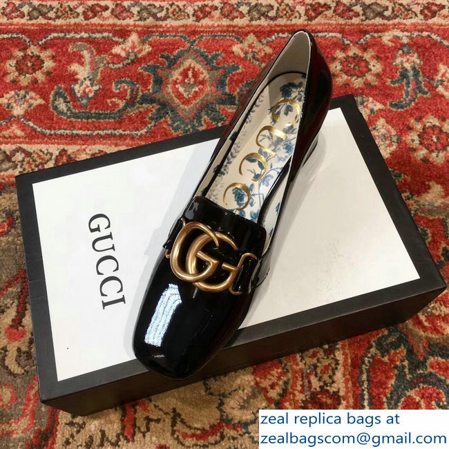 Gucci Patent Leather Mid-Heel Pumps Black with Double G 2018