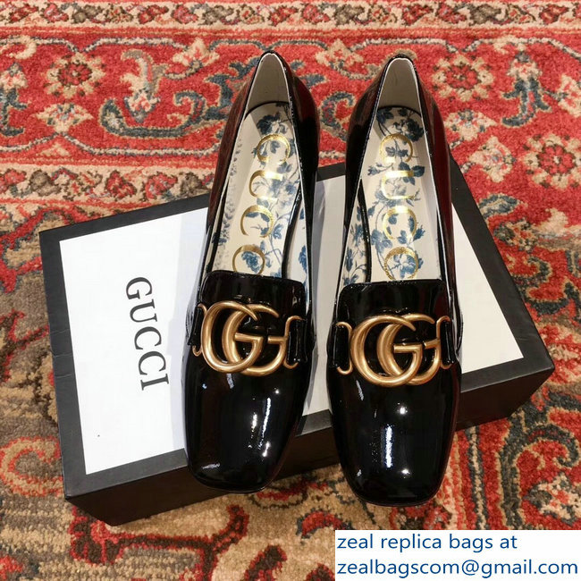 Gucci Patent Leather Mid-Heel Pumps Black with Double G 2018