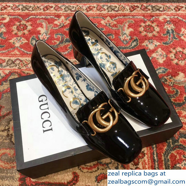 Gucci Patent Leather Mid-Heel Pumps Black with Double G 2018