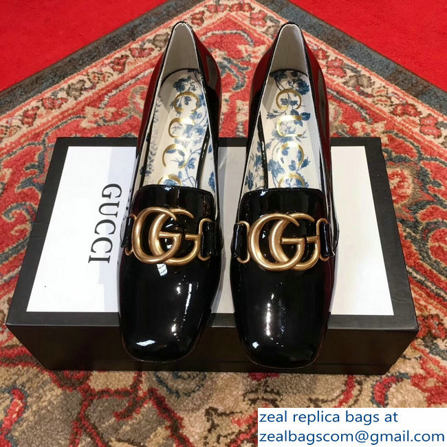 Gucci Patent Leather Mid-Heel Pumps Black with Double G 2018