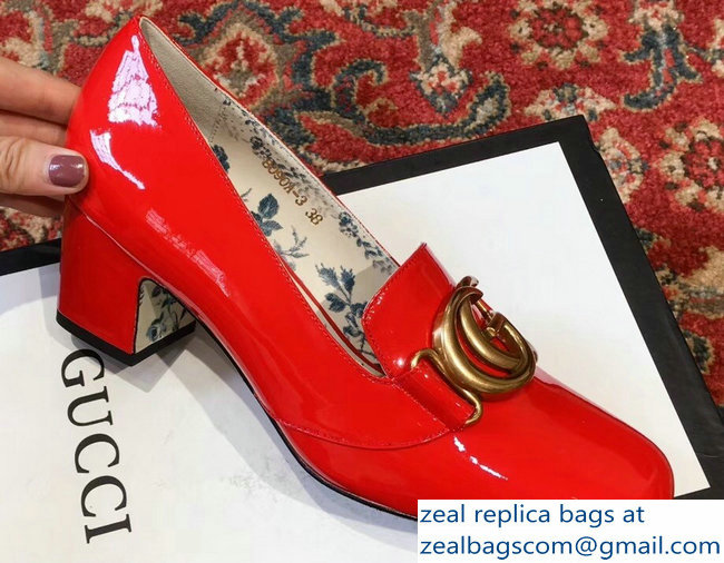Gucci Patent Leather Mid-Heel Pumps Red with Double G 2018 - Click Image to Close