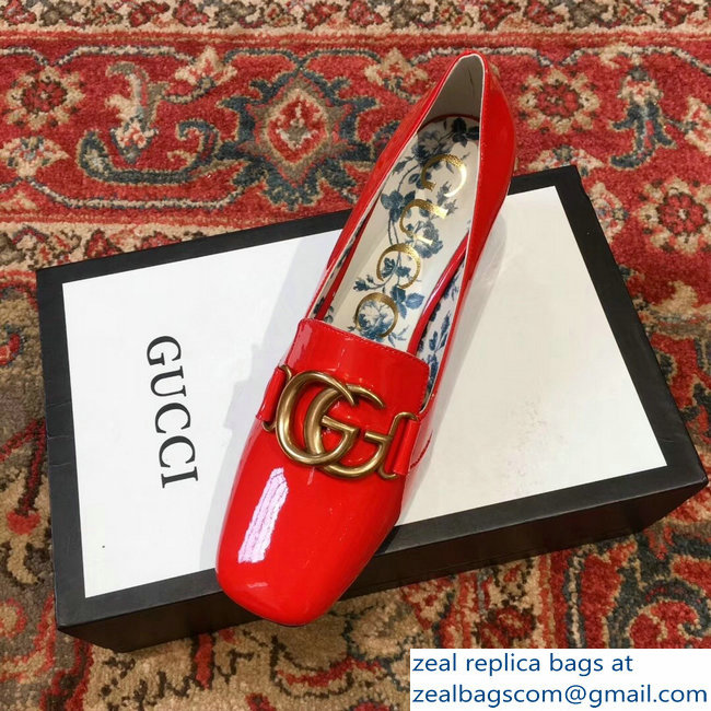 Gucci Patent Leather Mid-Heel Pumps Red with Double G 2018 - Click Image to Close