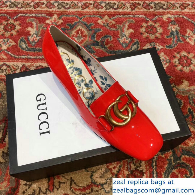 Gucci Patent Leather Mid-Heel Pumps Red with Double G 2018 - Click Image to Close
