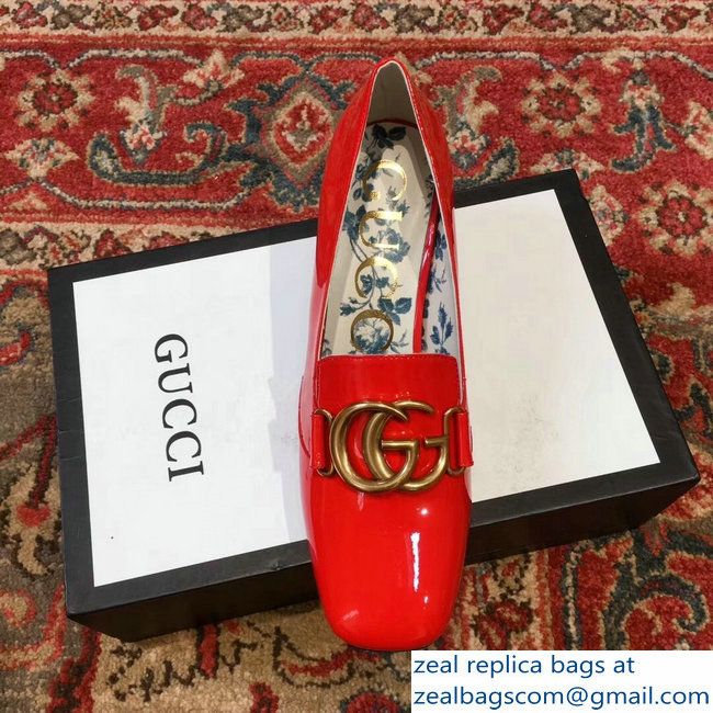 Gucci Patent Leather Mid-Heel Pumps Red with Double G 2018 - Click Image to Close