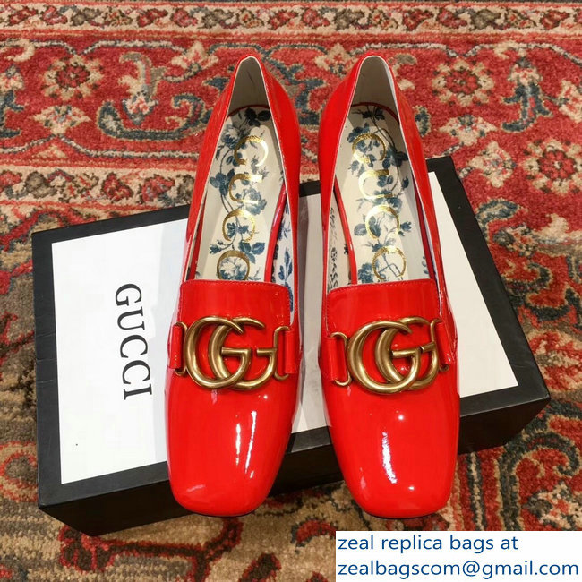 Gucci Patent Leather Mid-Heel Pumps Red with Double G 2018