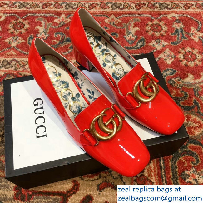 Gucci Patent Leather Mid-Heel Pumps Red with Double G 2018 - Click Image to Close