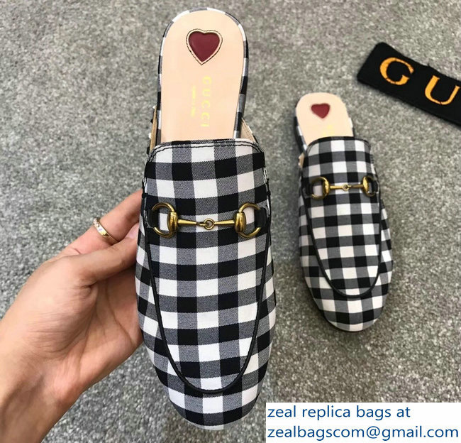 Gucci Princetown Horsebit Leather Slipper Black And White Check Fabric