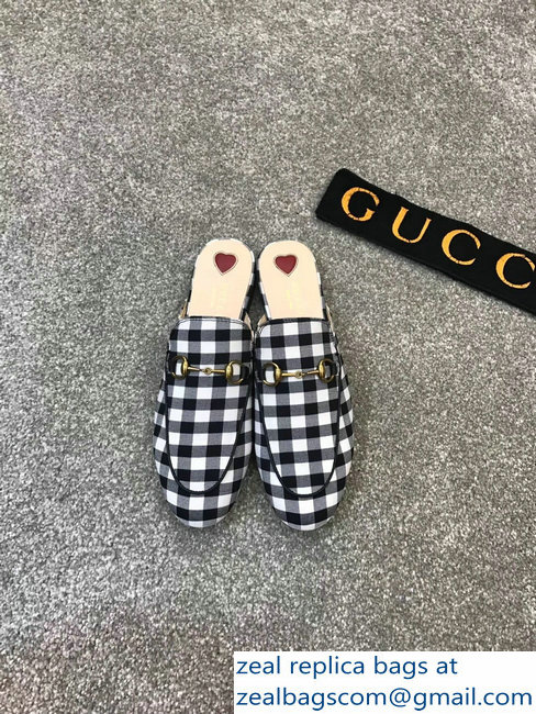 Gucci Princetown Horsebit Leather Slipper Black And White Check Fabric