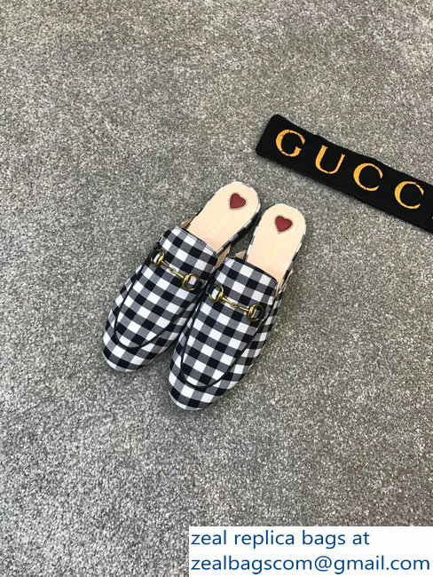Gucci Princetown Horsebit Leather Slipper Black And White Check Fabric