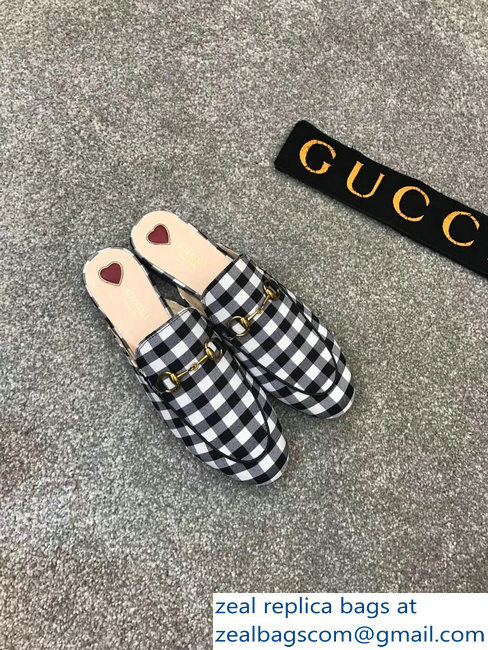 Gucci Princetown Horsebit Leather Slipper Black And White Check Fabric