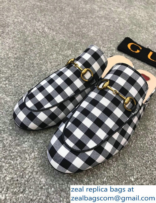 Gucci Princetown Horsebit Leather Slipper Black And White Check Fabric