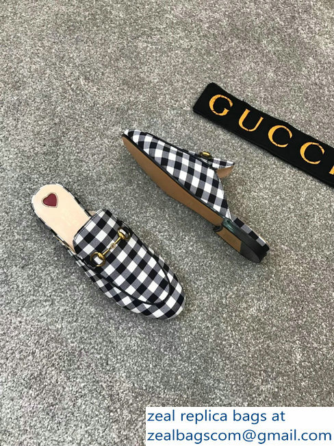 Gucci Princetown Horsebit Leather Slipper Black And White Check Fabric