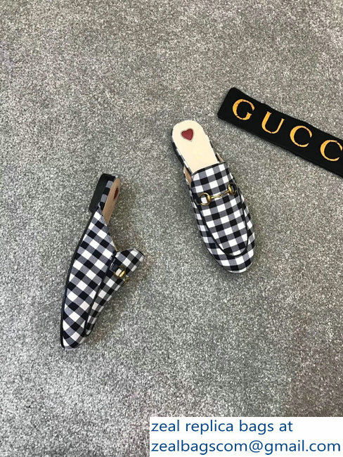 Gucci Princetown Horsebit Leather Slipper Black And White Check Fabric