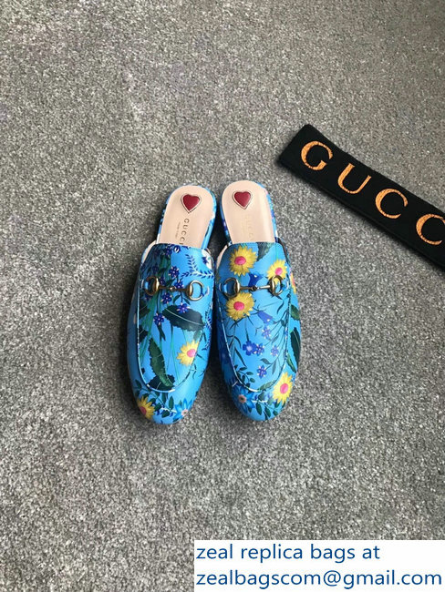 Gucci Princetown Horsebit Leather Slipper Flower Print Sky Blue