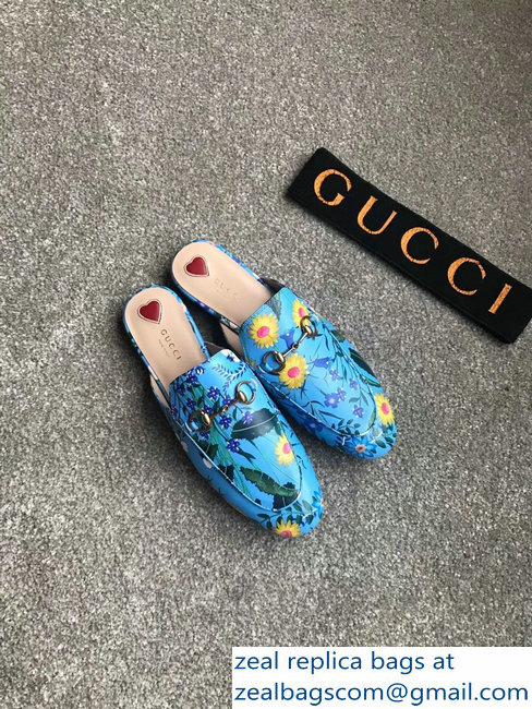 Gucci Princetown Horsebit Leather Slipper Flower Print Sky Blue