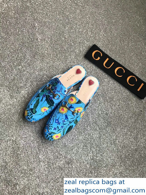 Gucci Princetown Horsebit Leather Slipper Flower Print Sky Blue