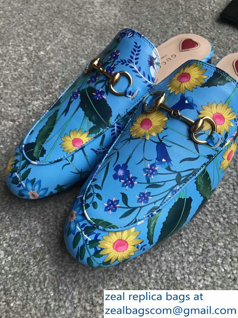 Gucci Princetown Horsebit Leather Slipper Flower Print Sky Blue