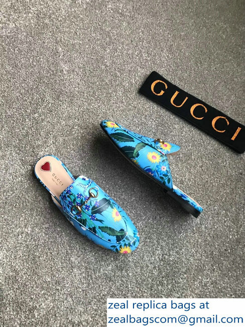 Gucci Princetown Horsebit Leather Slipper Flower Print Sky Blue