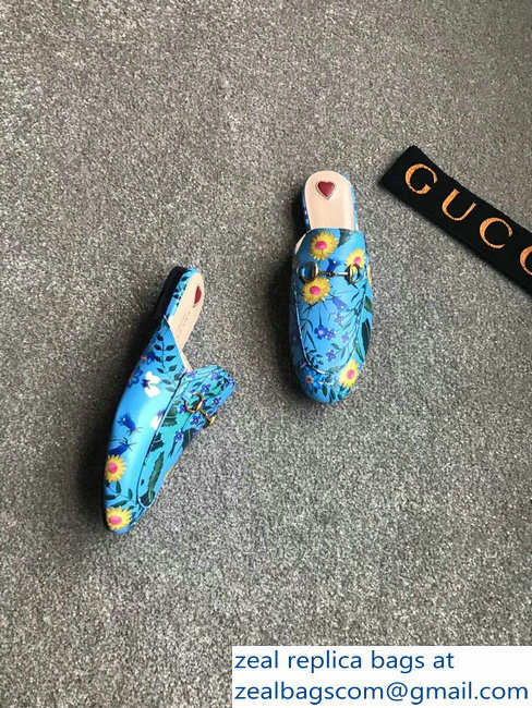 Gucci Princetown Horsebit Leather Slipper Flower Print Sky Blue