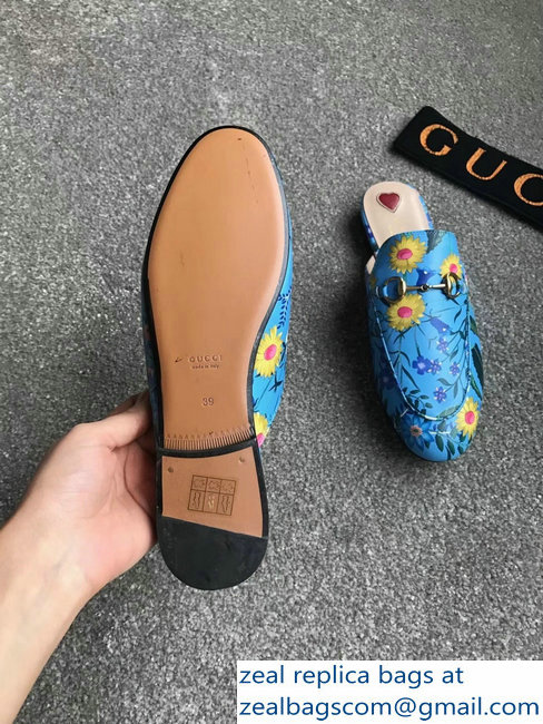 Gucci Princetown Horsebit Leather Slipper Flower Print Sky Blue