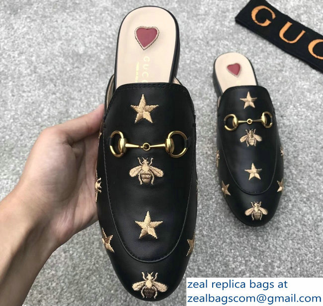 Gucci Princetown Horsebit Leather Slipper Gold Thread Embroidered Bees And Stars Black - Click Image to Close