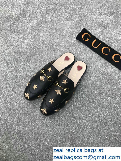 Gucci Princetown Horsebit Leather Slipper Gold Thread Embroidered Bees And Stars Black