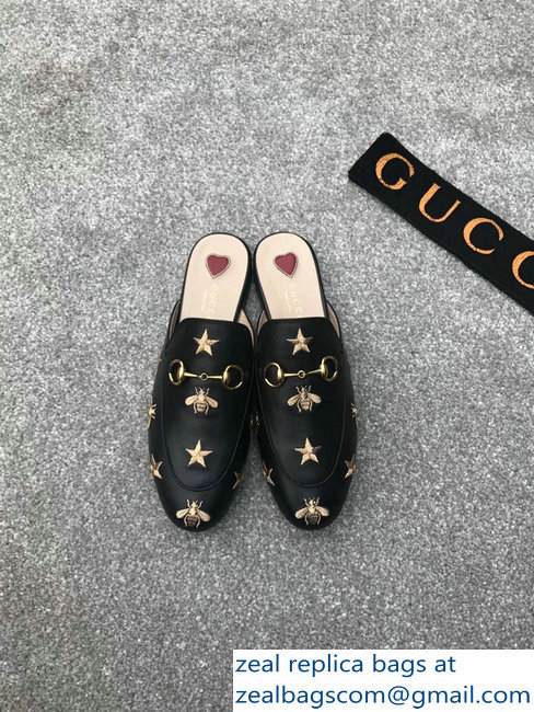 Gucci Princetown Horsebit Leather Slipper Gold Thread Embroidered Bees And Stars Black