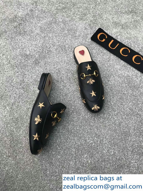 Gucci Princetown Horsebit Leather Slipper Gold Thread Embroidered Bees And Stars Black