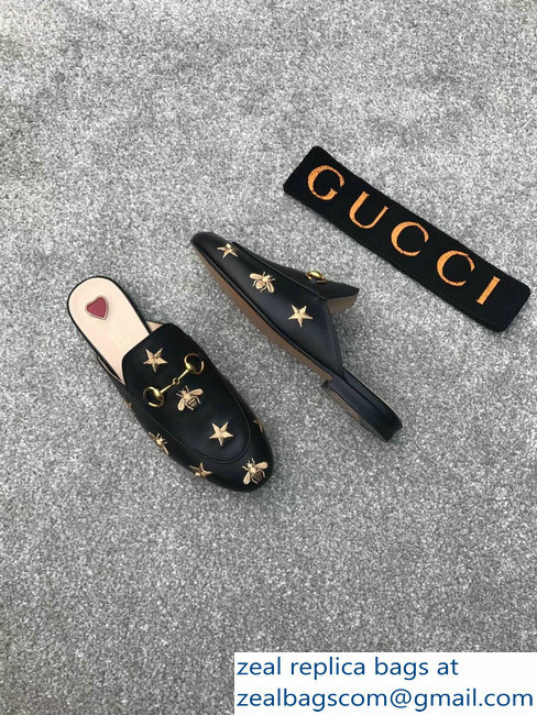 Gucci Princetown Horsebit Leather Slipper Gold Thread Embroidered Bees And Stars Black