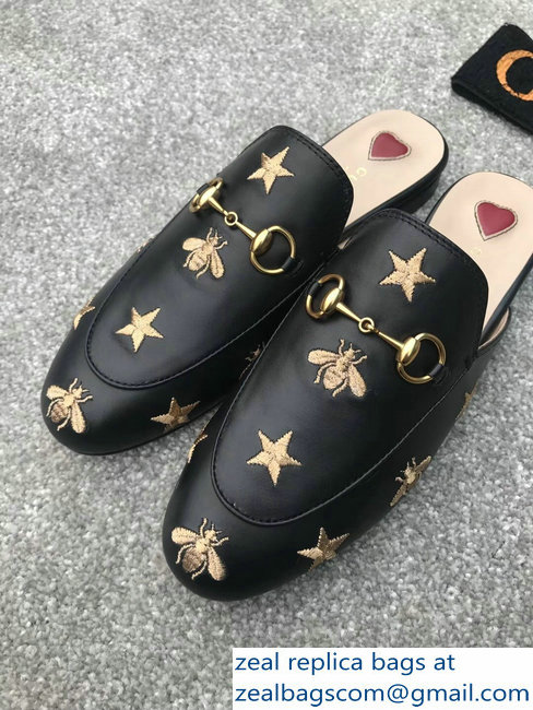 Gucci Princetown Horsebit Leather Slipper Gold Thread Embroidered Bees And Stars Black