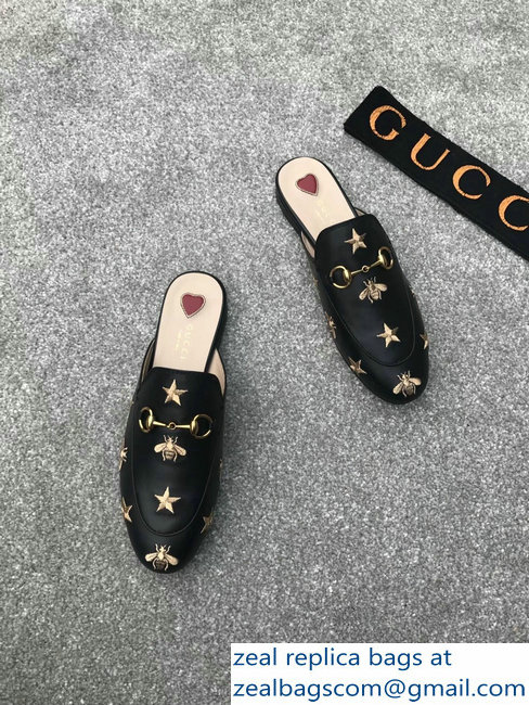 Gucci Princetown Horsebit Leather Slipper Gold Thread Embroidered Bees And Stars Black - Click Image to Close