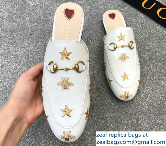 Gucci Princetown Horsebit Leather Slipper Gold Thread Embroidered Bees And Stars White - Click Image to Close