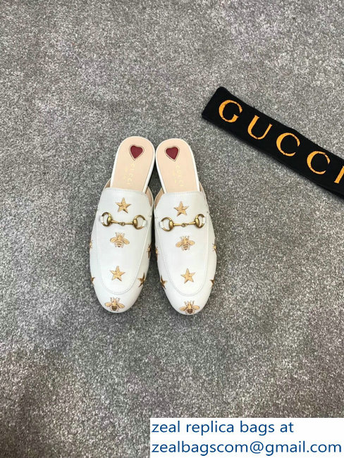 Gucci Princetown Horsebit Leather Slipper Gold Thread Embroidered Bees And Stars White - Click Image to Close